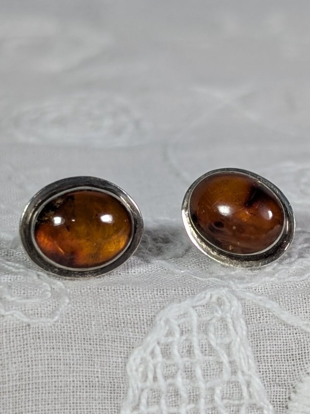 Vintage Amber Cabochon Orange/Cognac Stone with Silver Stud Post Earrings - Picture 2 of 13